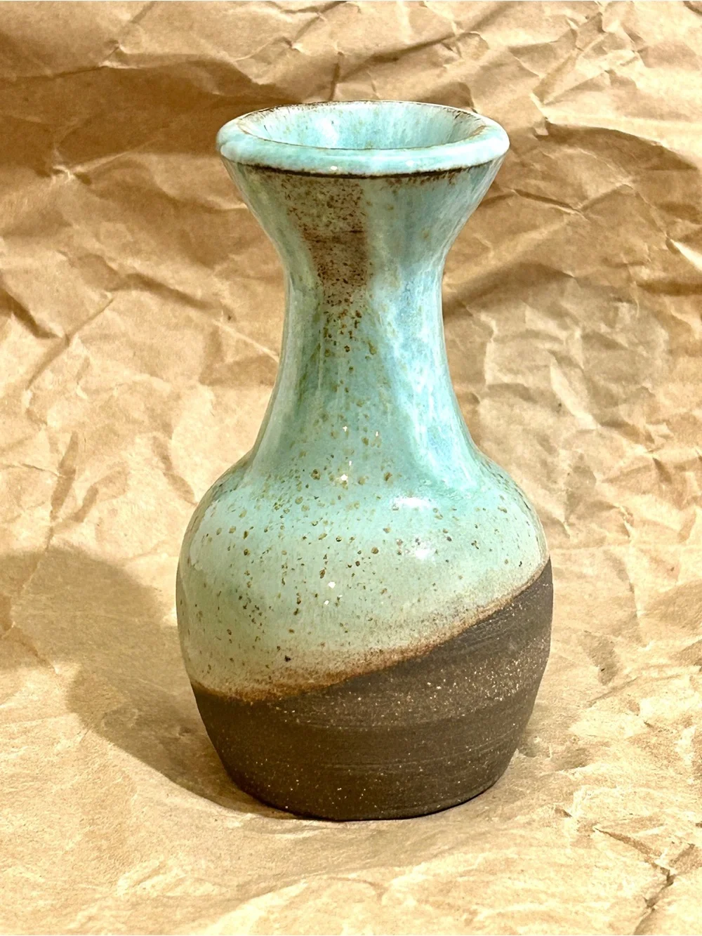 Signed Studio Art Pottery Bud Vase Turquoise 2Tone Speckled Glaze Stoneware 4.5”